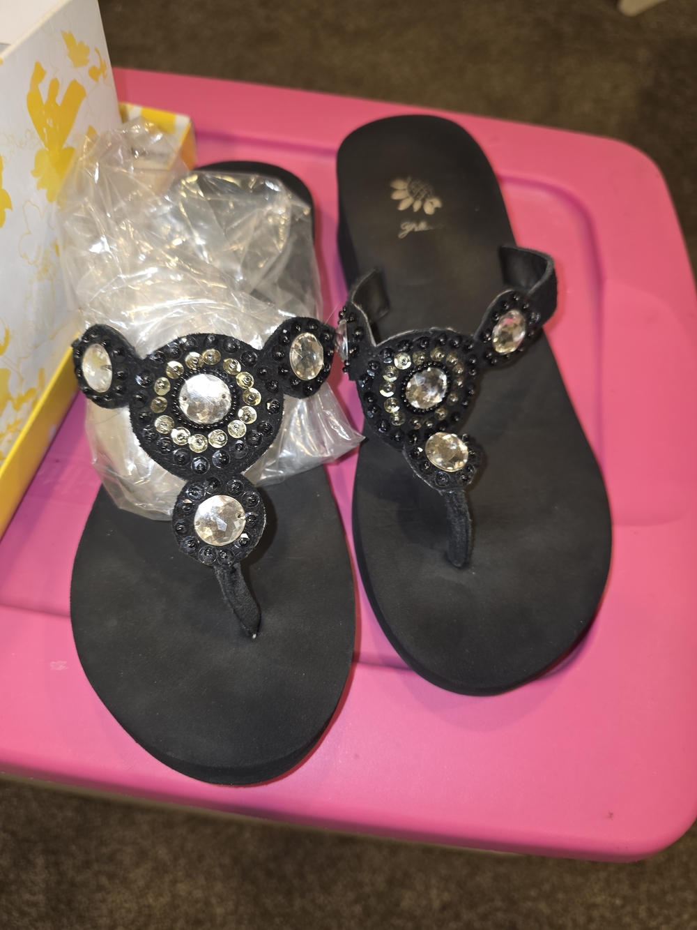 Yellow Box Black Jeweled Thong Sandals with Clear Rhinestones